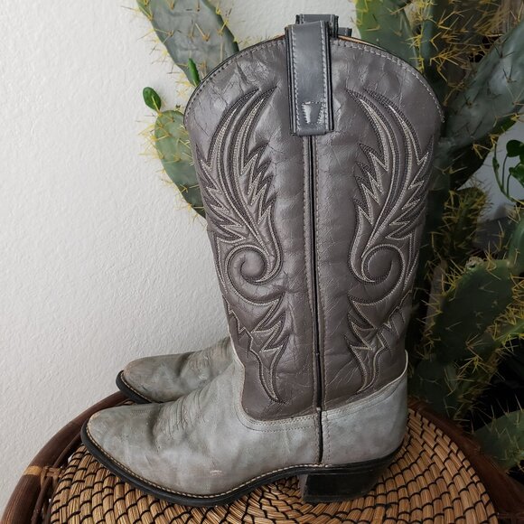 Vintage TEXAS Made Western Cowboy Boots Embroidered Leather Gray size 8.5D Men's - Picture 1 of 13